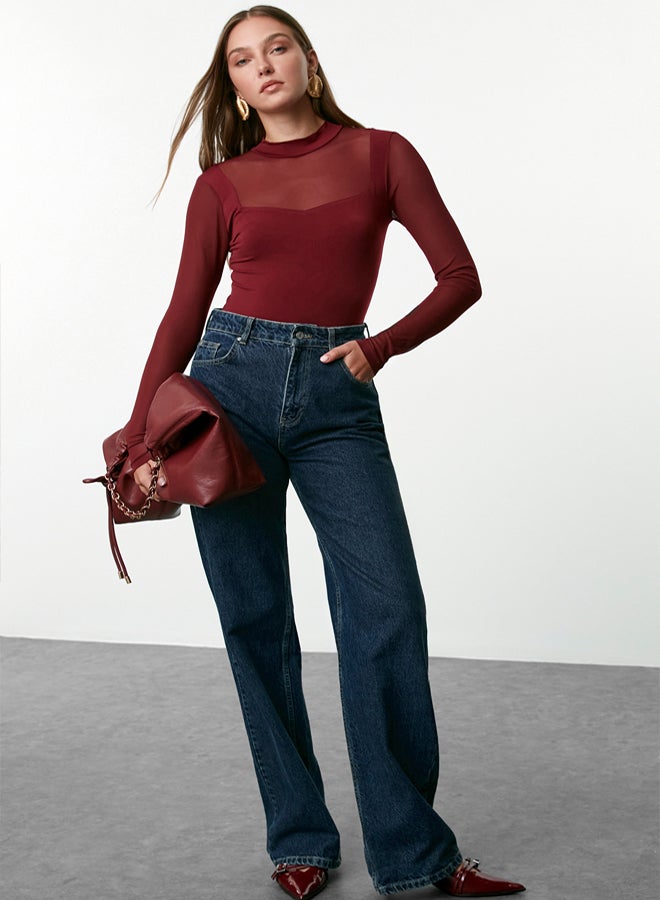 trendyol Stretchy Tulle Detailed Burgundy Knitted Body - Long Sleeve, Stand Collar, Body Fitting - Image 2