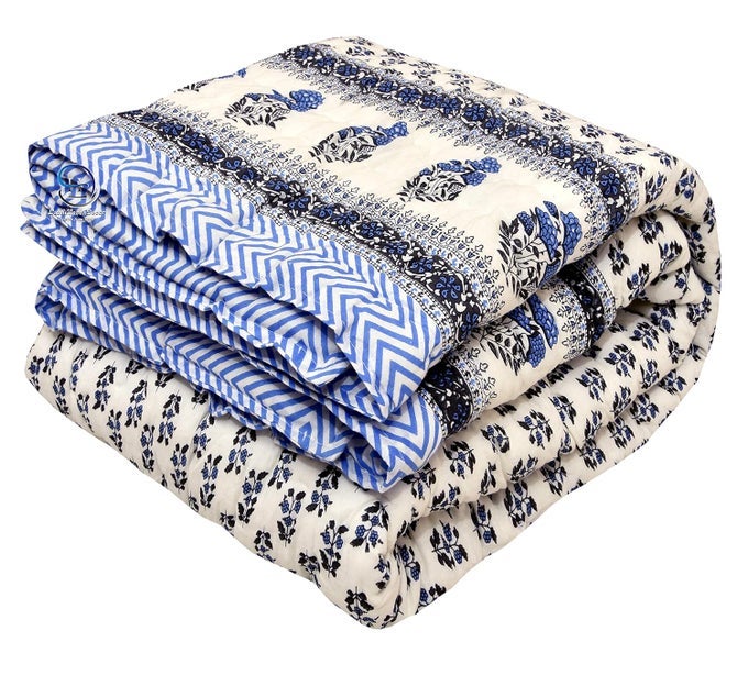 400 TC SINGLE BED JAIPURI RAZAI ORGANIC PURE COTTON JAIPURI RAJAI AC QUILT FOR ALL SEASON SOFT LIGHT WEIGHT RAJASTHANI COTTON QUILT 55 X 85 INCH BLUE PACK OF 1 BREATHABLE