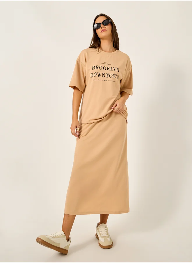 Styli Oversized Graphic Print T-Shirt and Midi Skirt Co-Ords