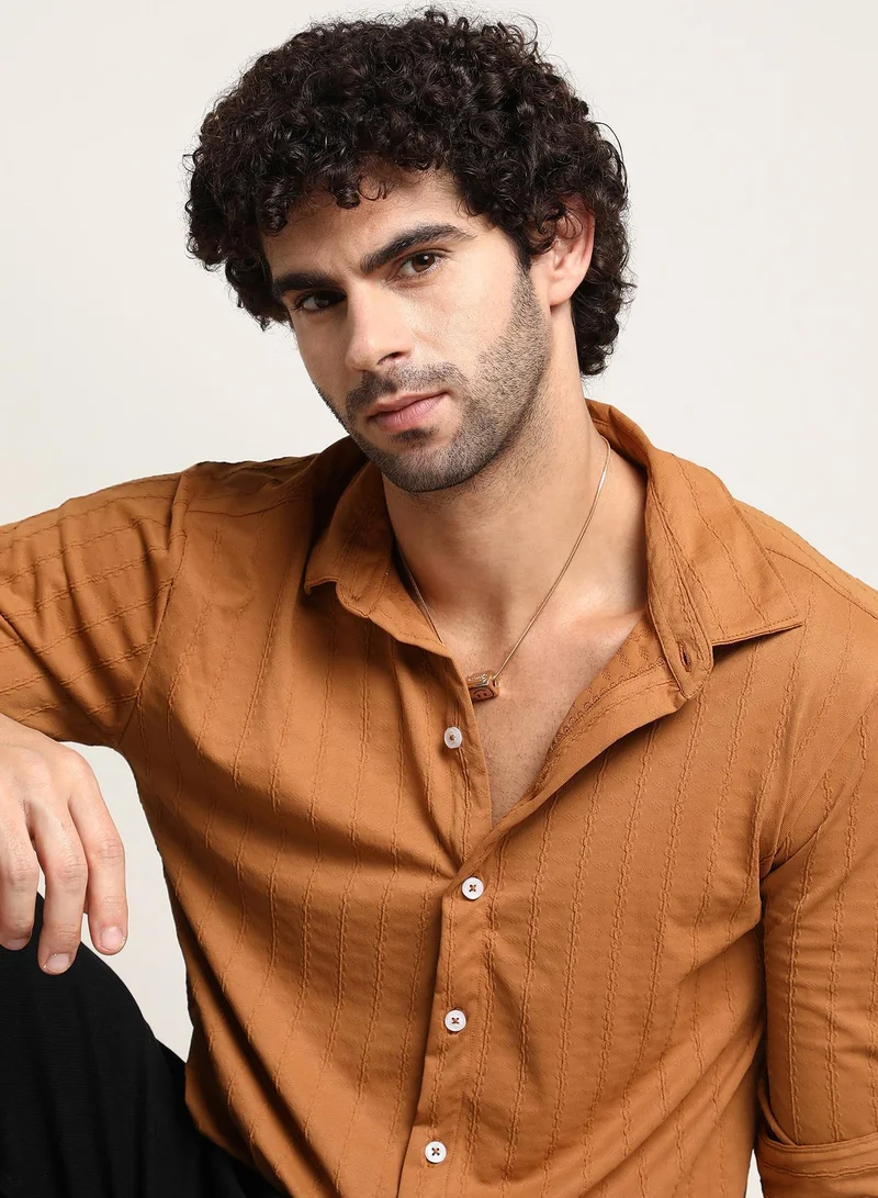 Campus Sutra Men's Sepia Brown Spiralknot-Tactile Shirt