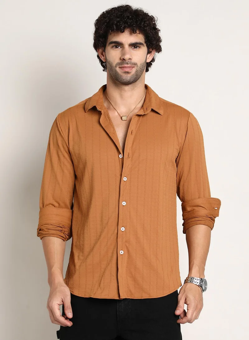 Campus Sutra Men's Sepia Brown Spiralknot-Tactile Shirt