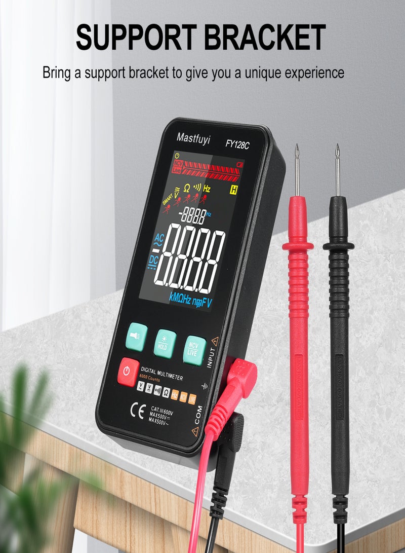 FY128C جهاز قياس متعدد رقمي ذكي مزود بحامل، جهاز اختبار كهربائي ذكي مدمج، 5999 عداد، شاشة LCD بإضاءة خلفية، قياس الجهد المتردد/المستمر، مقاومة التردد، استمرارية الأسلاك الحية، فحص NCV - Image 4