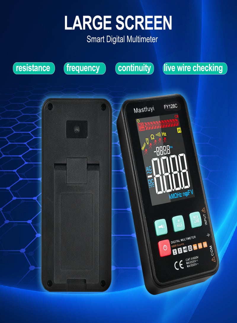 FY128C جهاز قياس متعدد رقمي ذكي مزود بحامل، جهاز اختبار كهربائي ذكي مدمج، 5999 عداد، شاشة LCD بإضاءة خلفية، قياس الجهد المتردد/المستمر، مقاومة التردد، استمرارية الأسلاك الحية، فحص NCV - Image 3