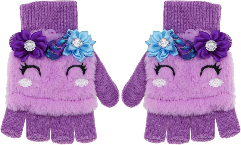 Newfancy Kids Unicorn Flip Top Gloves with Mitten Cover Knitted Winter Fingerless Convertible Mittens for Boy Girls Toddler - Image 1