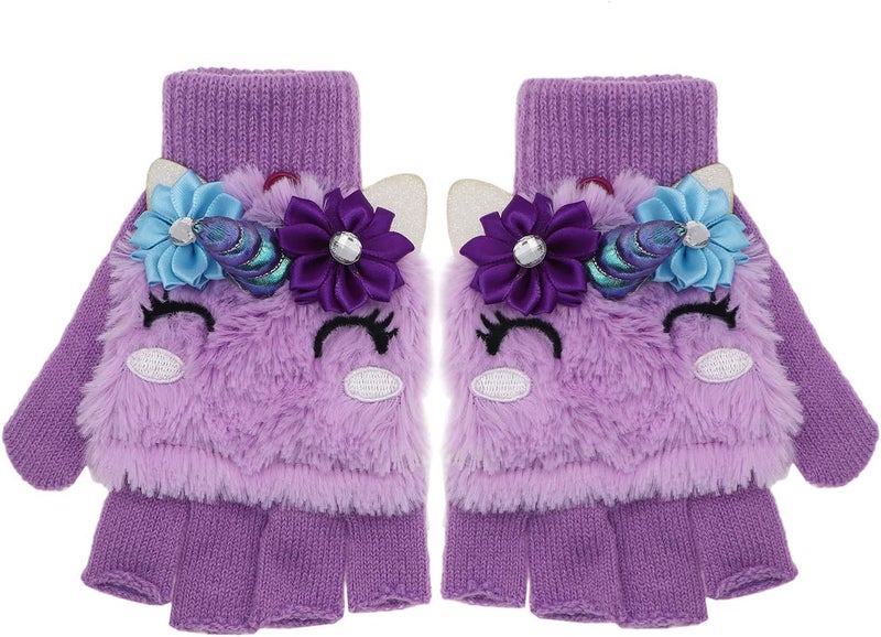 Newfancy Kids Unicorn Flip Top Gloves with Mitten Cover Knitted Winter Fingerless Convertible Mittens for Boy Girls Toddler - Image 3
