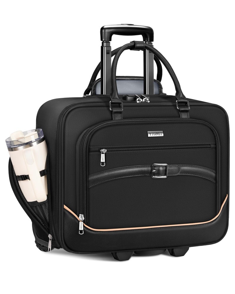 Ytonet Rolling Laptop Bag, 17.3 In Rolling Briefcase for Men Women with Accordion File Pockets, Anti Theft Laptop Bag with Wheels, Professional Roller Underseat Bag for Travel Work Teacher, Black - Image 1
