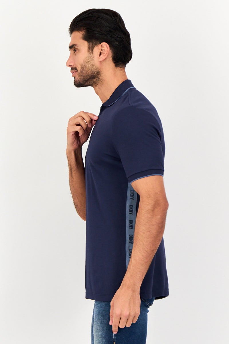 DKNY Men Regular Fit Short Sleeve Brand Logo Polo Shirt, Navy - Image 3