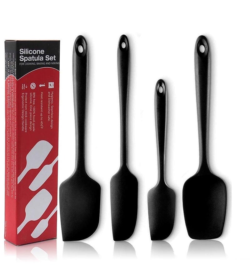 P-Plus International Silicone Spatula Set 4-pcs - 446ºF Heat-Resistant Baking Spoon Spatula - Seamless One-Piece Design Easy to Clean - Non-Stick Silicone Stainless Steel Core (Spatula 4A Black) - Image 1