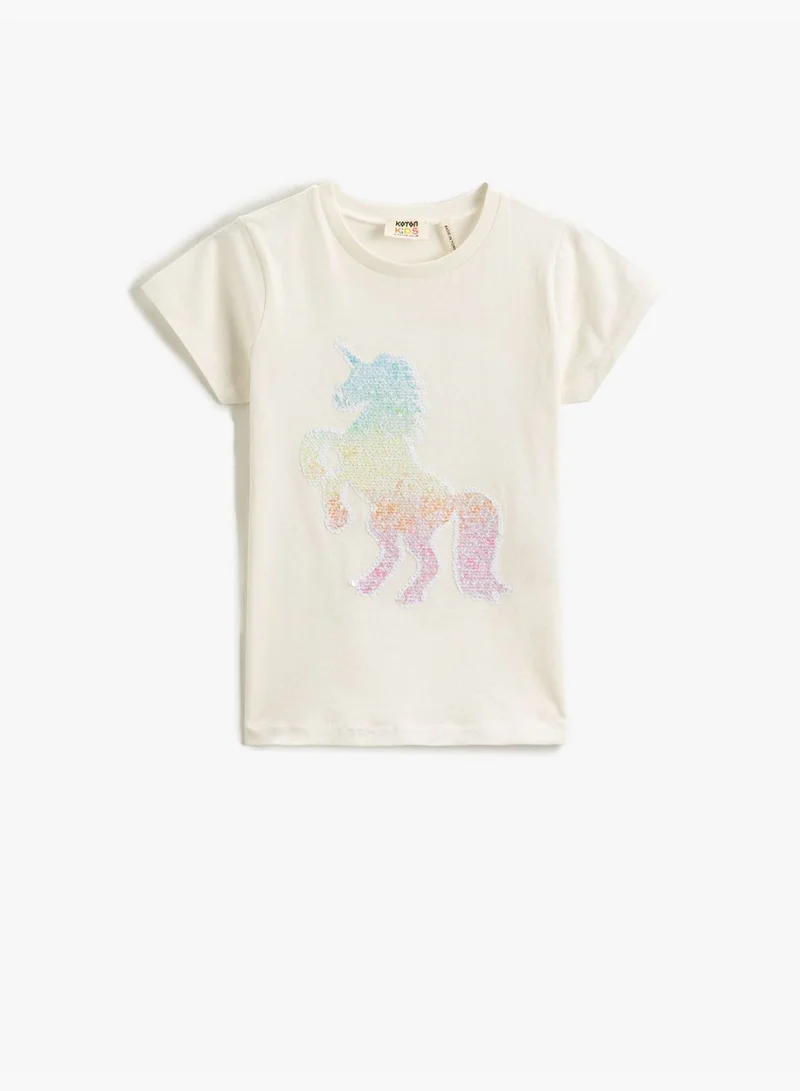 كوتون Unicorn Sequined T-Shirt Short Sleeve Crew Neck