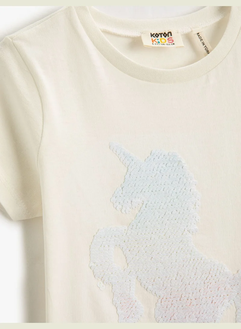 كوتون Unicorn Sequined T-Shirt Short Sleeve Crew Neck