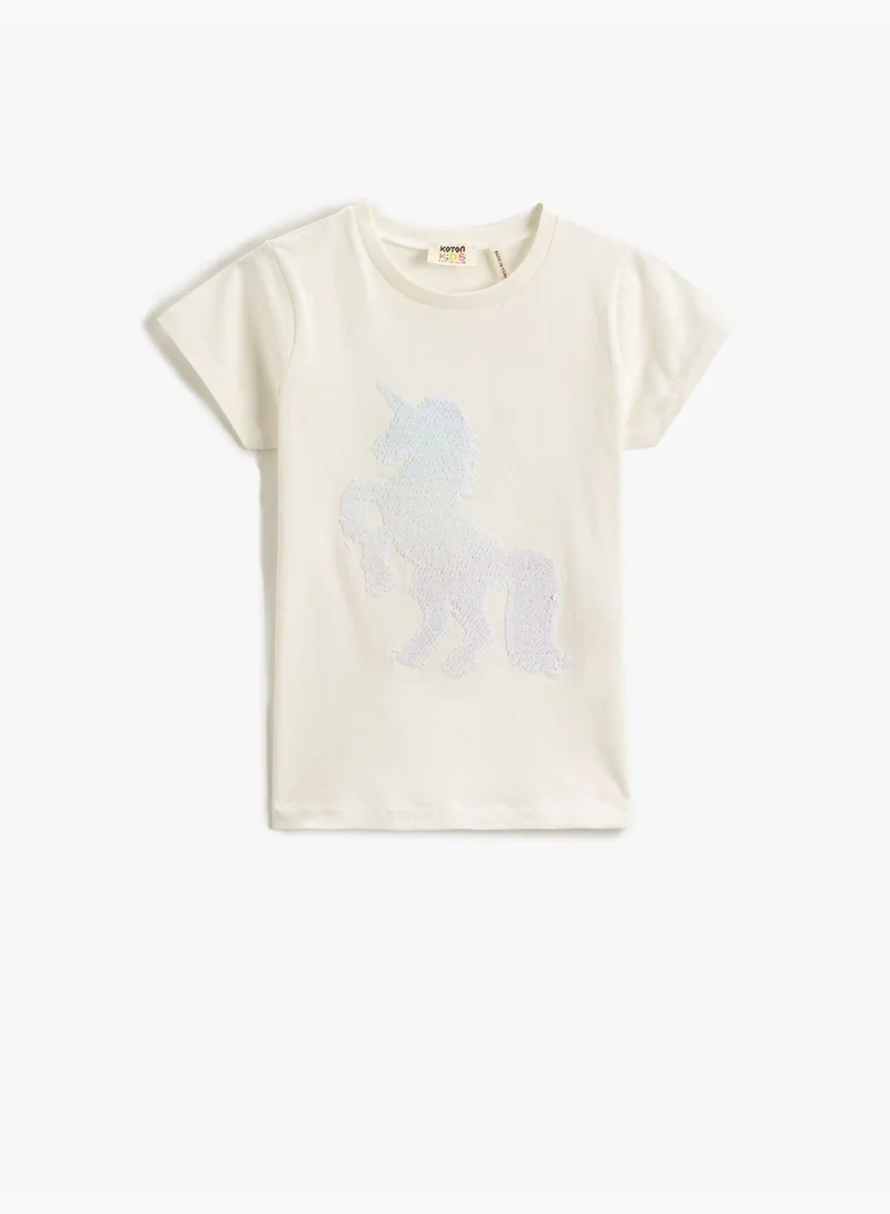 كوتون Unicorn Sequined T-Shirt Short Sleeve Crew Neck