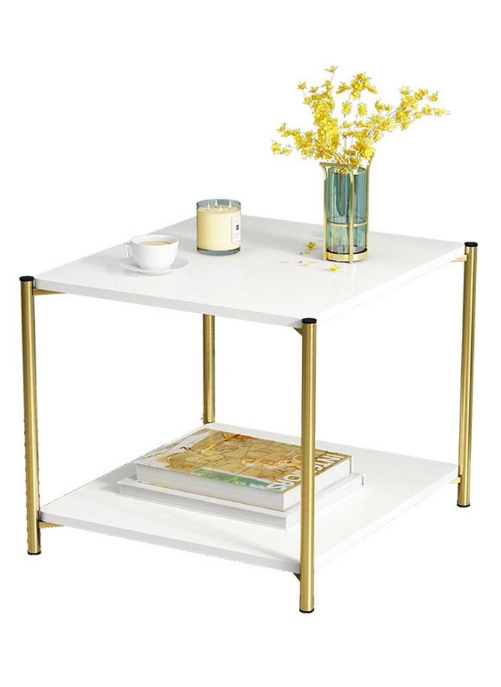Generic 2 Tier White Side Table, Golden Iron Living Room Coffee Table Square Coffee Table Sofa Side Table Bedroom Bedside Table  - Image 1