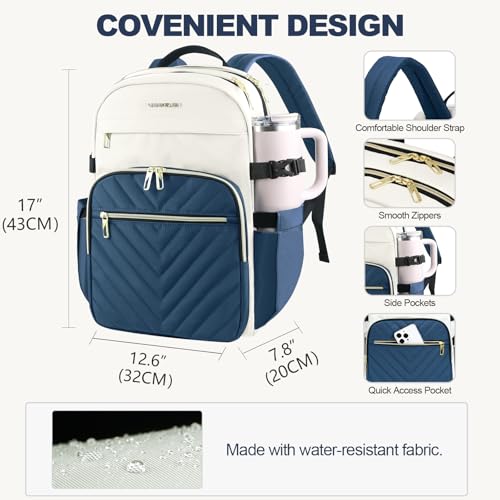 VANKEAN Laptop Backpack for Women with Pouch Pocket for Large Capacity Tumbler, 15.6 Inch Laptop Computer Bag Travel Backpack Purse,Waterproof Work Business College Teacher Bags, Beige-Haze blue - Image 4