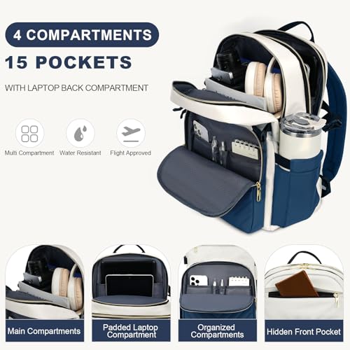 VANKEAN Laptop Backpack for Women with Pouch Pocket for Large Capacity Tumbler, 15.6 Inch Laptop Computer Bag Travel Backpack Purse,Waterproof Work Business College Teacher Bags, Beige-Haze blue - Image 3