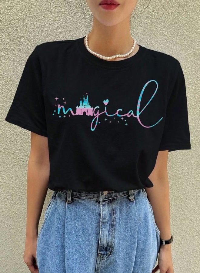 UNIQUEONE Magical Shirt for Women Magic Kingdom Tshirt Family Vacation Tee Castle Graphic Short Sleeve Tops, Black, M - Image 2
