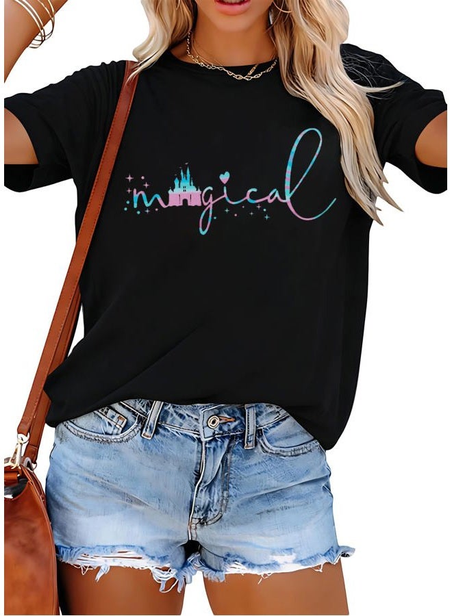 UNIQUEONE Magical Shirt for Women Magic Kingdom Tshirt Family Vacation Tee Castle Graphic Short Sleeve Tops, Black, M - Image 1