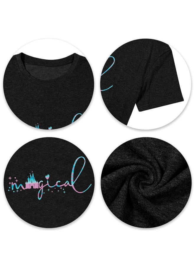 UNIQUEONE Magical Shirt for Women Magic Kingdom Tshirt Family Vacation Tee Castle Graphic Short Sleeve Tops, Black, M - Image 5