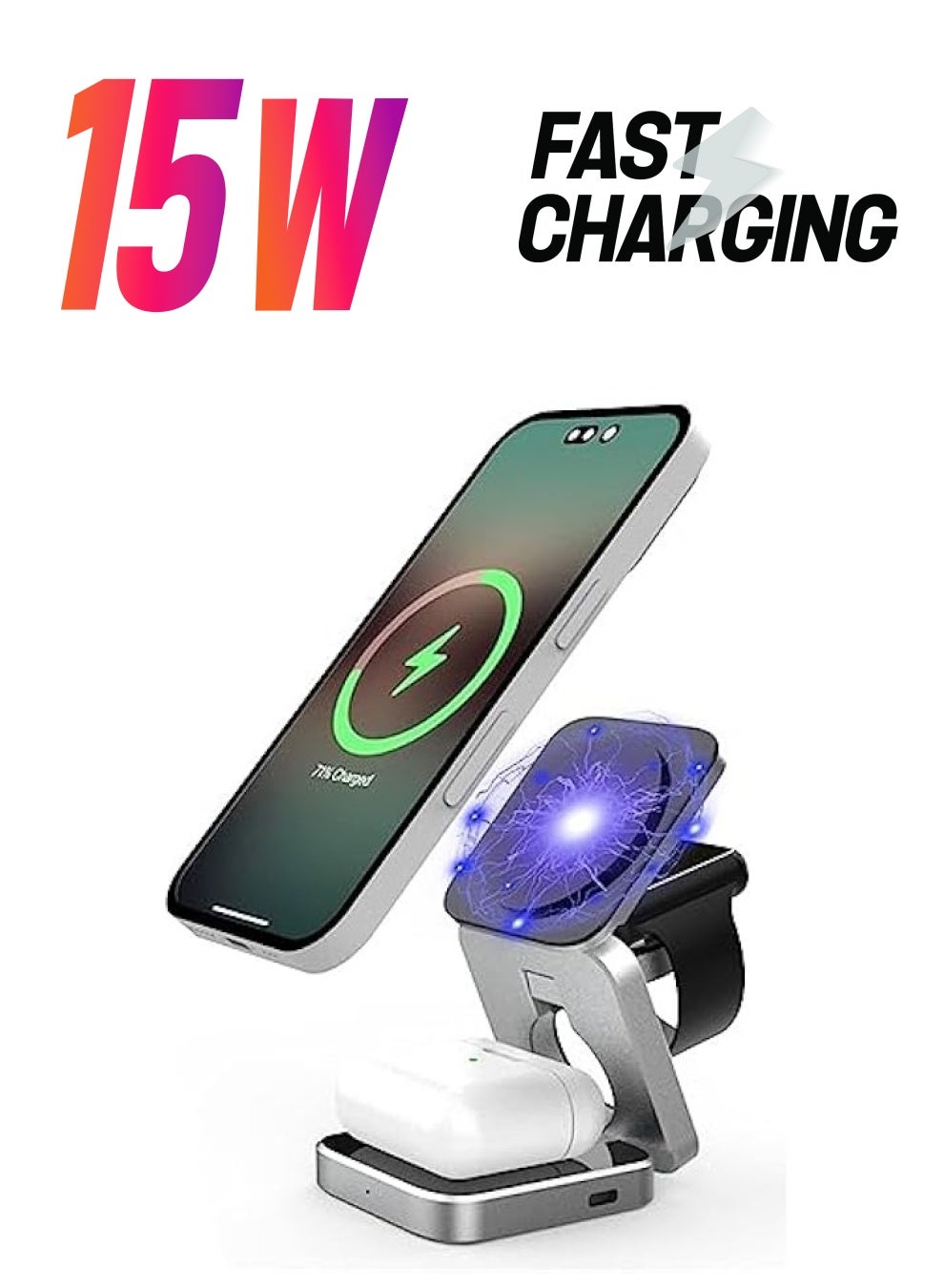 3 in 1 Wireless Fast Charging Station, Mini 15W Fast Charging Station 3 in 1 Foldable Charger, Magnetic Charging Stand.