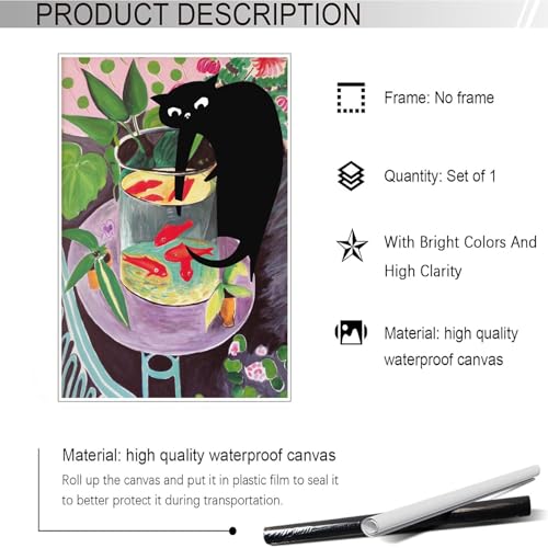 TYOHU Retro Matisse Goldfish And Cat Posters Trendy Funny Black Cat Wall Art Prints Cute Colorful Table Goldfish Prints Painting For Home Bedroom Dorm Wall Decor 12x16in Unframed - Image 3