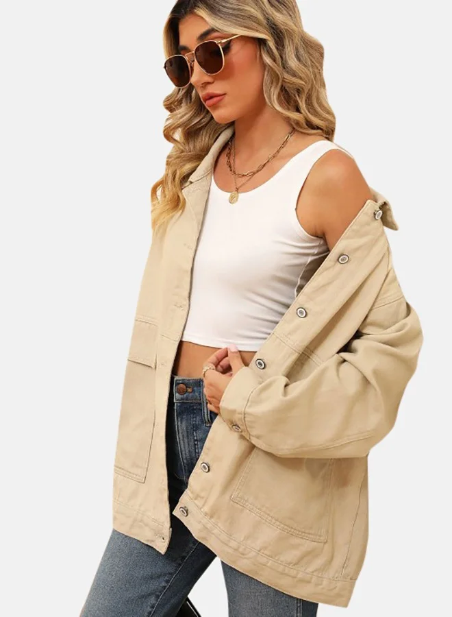 YUNIQEE Beige Collared Long Sleeve Denim Jacket