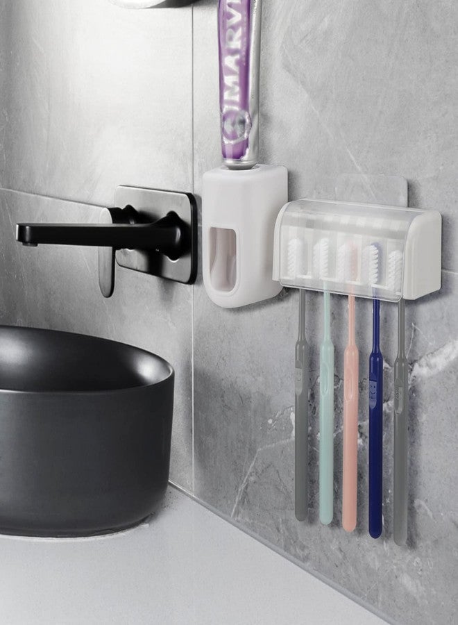LUEXBOX 5 Slots Wall Mount Toothbrush Holder with Cover, Self Adhesive Toothbrush Storage Organizer for Shower, Toothbrush Hanger with Automatic Toothpaste Squeezer Dispenser - Image 3
