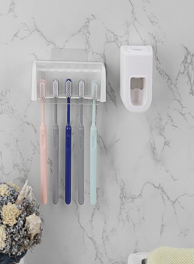 LUEXBOX 5 Slots Wall Mount Toothbrush Holder with Cover, Self Adhesive Toothbrush Storage Organizer for Shower, Toothbrush Hanger with Automatic Toothpaste Squeezer Dispenser - Image 5