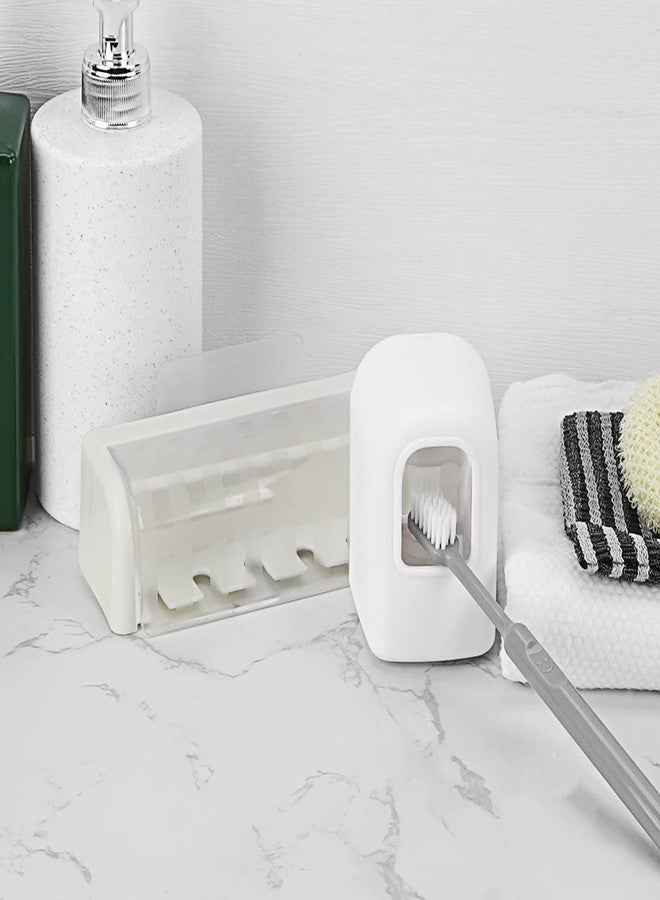 LUEXBOX 5 Slots Wall Mount Toothbrush Holder with Cover, Self Adhesive Toothbrush Storage Organizer for Shower, Toothbrush Hanger with Automatic Toothpaste Squeezer Dispenser - Image 4
