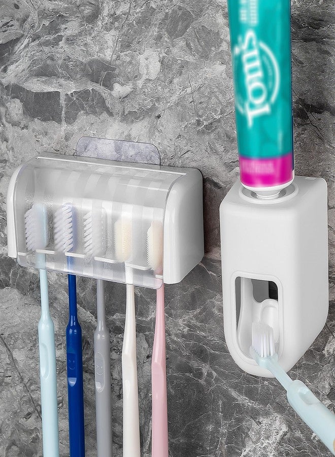 LUEXBOX 5 Slots Wall Mount Toothbrush Holder with Cover, Self Adhesive Toothbrush Storage Organizer for Shower, Toothbrush Hanger with Automatic Toothpaste Squeezer Dispenser - Image 1