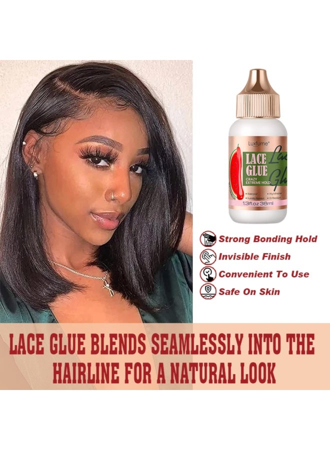 Luxfume Lace Glue Extreme Hold Waterproof Humidity Resistant Super Hold Invisible Lace Glue for Front Laces Wig Fast Drying No Residue Formula Watermelon Scented Wig Glue 38ml - Image 3