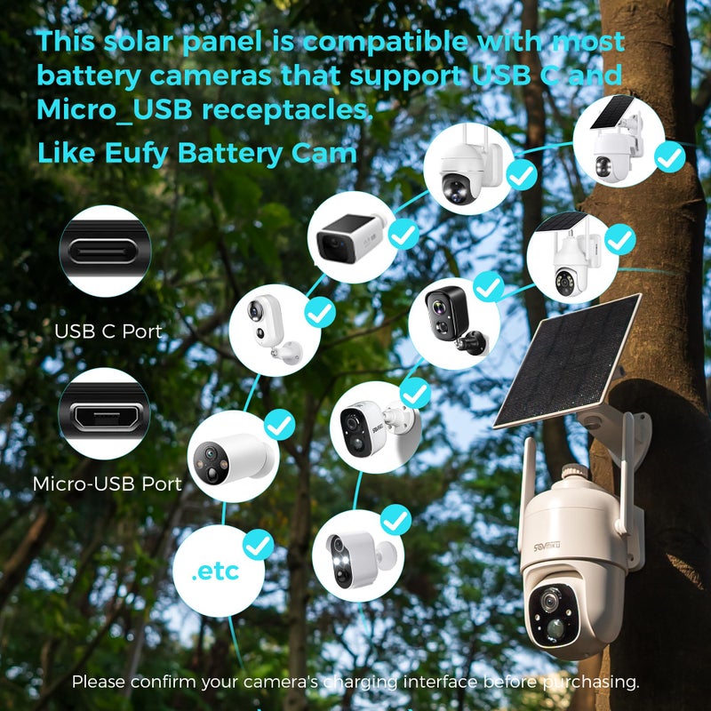 SOVMIKU Vicohome 5V Solar Panels for Security Cameras for Bird Feeder 23% Energy Conversion Rate,9.8Ft Cable, USB C & Micro-USB Compatible, Weather Resistant, 360Â° Adjustable Bracket, for Tapo Eufy Aosu .etc - Image 2