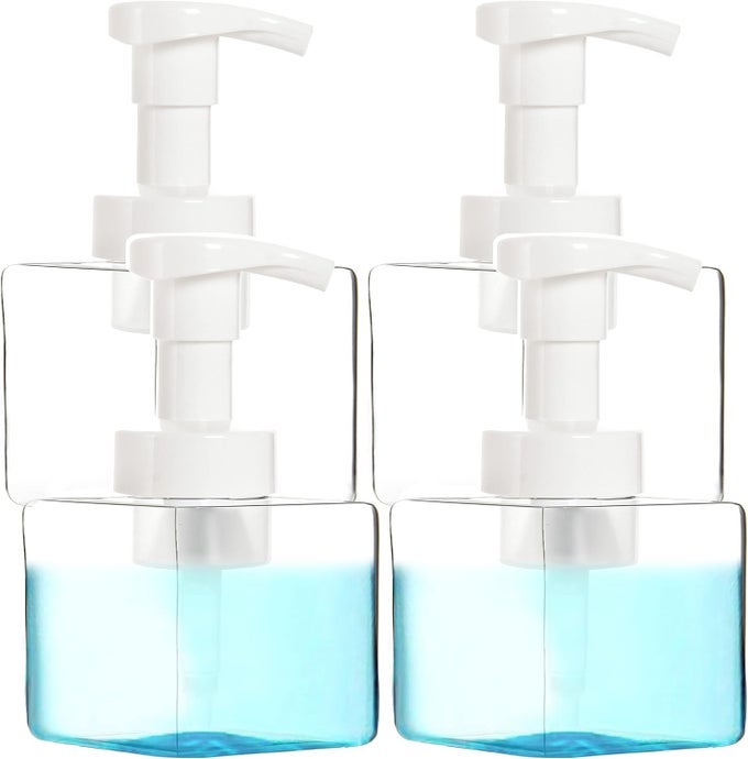 5 PACK CLEAR PLASTIC SQUARE PUMP BOTTLES, PLASTIC FOAMING SOAP DISPENSER, REFILLABLE PLASTIC PUMP BOTTLES WITH TRAVEL LOCK (8 OUNCE)