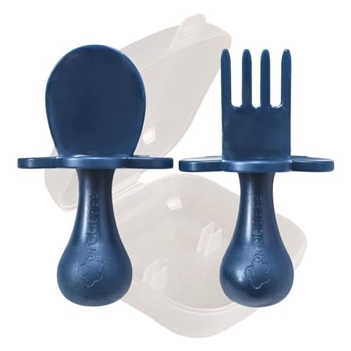 Grabease Baby Feeding Utensils Set - Infant and Baby Fork and Spoon for Ages 1-11 Months, BPAs and Phthalate-Free Cutlery, Plastic, 1 Set, Navy - Image 1