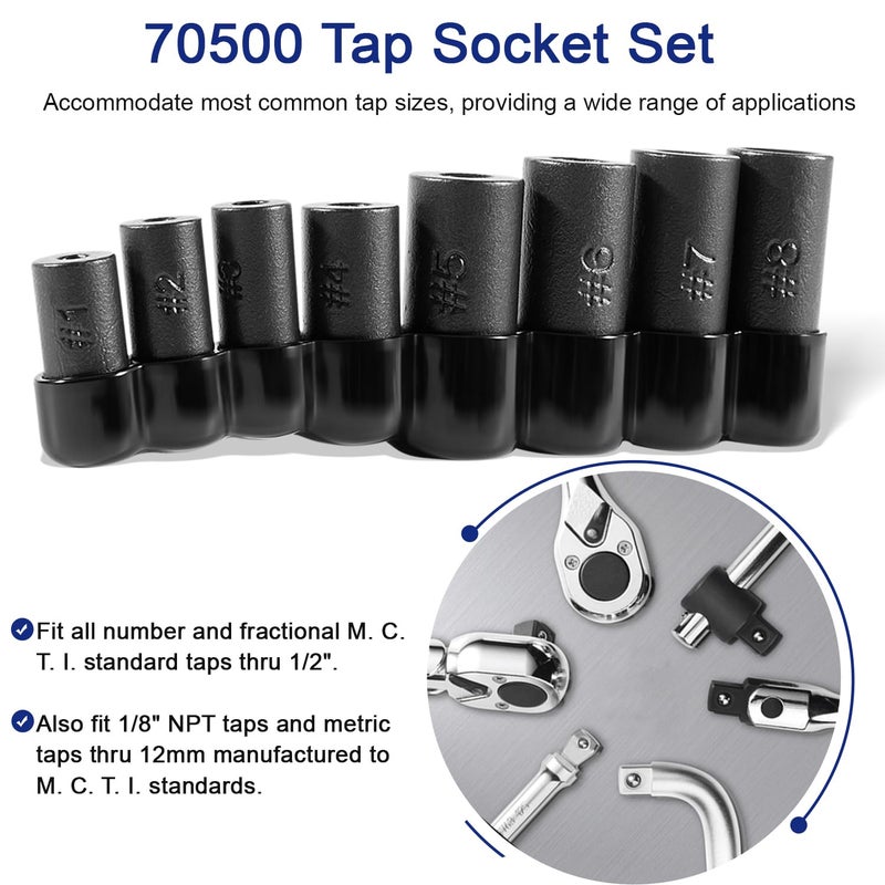 Bonbo مجموعة مقابس التوصيل 70500 للاستخدام مع محرك 1/4" و 3/8"، تناسب معايير MCTI للمقابس الكسرية حتى 1/2" و 1/8" NPT والمقابس المترية حتى 12 مم مصنوعة وفقًا لمعيار MCTI، 8 قطع - Image 2