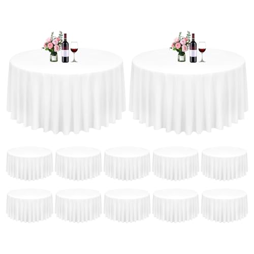 12 Pack White Round Tablecloth 120 Inch Circle Polyester Table Cloth Washable Fabric Stain and Wrinkle Resistant Round Table Clothes for Wedding Parties Banquet Reception Dining