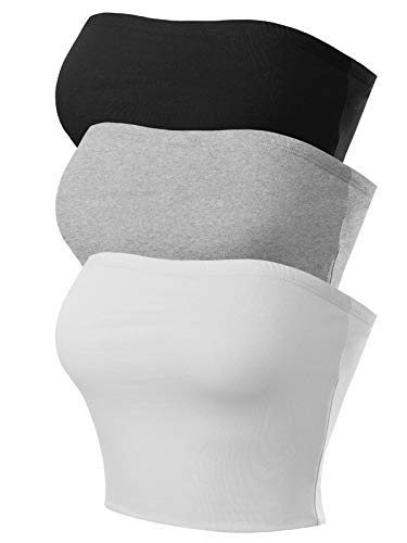 MixMatchy Women's Strapless Tube Tops Basic Bandeau Crop Sleeveless Backless Casual Sexy Going Out Summer 2025 3PACK - Black/H.Grey/White S - Image 1