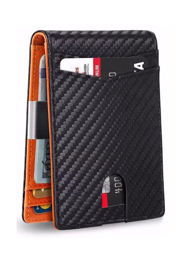Men's Minimalist Slim Bifold Wallet with RFID Blocking, 12 Card Slots, ID Window & Money Clip - Carbon Fiber Texture - Image 1
