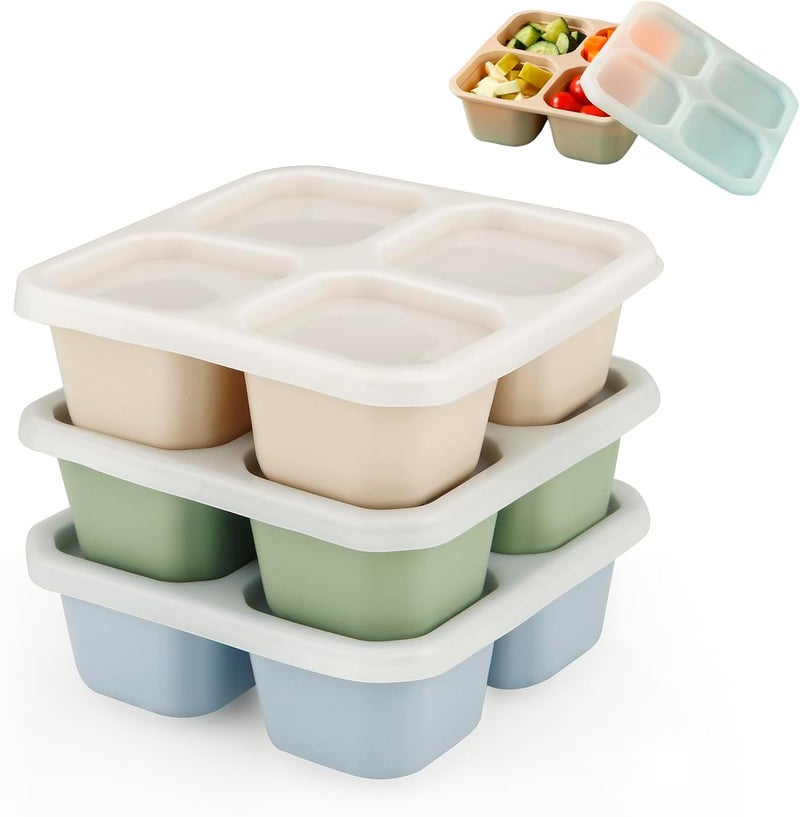 PandaEar Labor saving optimized design PandaEar 3 Pack Snack Containers, 4 Compartment Silicone Bento Lunch Snack Box with Lids, Reusable Divided Meal Snack Containers for Adults Kids Toddler, Food Storage Containers for School Work Travel Smooth joint - Image 1