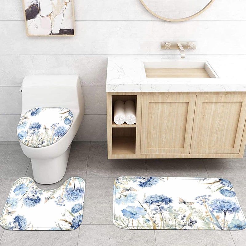 Pretyw 4-Piece Blue Floral Shower Curtain Butterfly Flowers Bathroom Set with Shower Curtain and Rugs, Blue White Bath Set with Hooks for Farmhouse Home Decor - Image 3