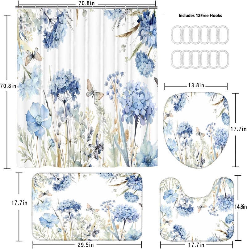 Pretyw 4-Piece Blue Floral Shower Curtain Butterfly Flowers Bathroom Set with Shower Curtain and Rugs, Blue White Bath Set with Hooks for Farmhouse Home Decor - Image 4
