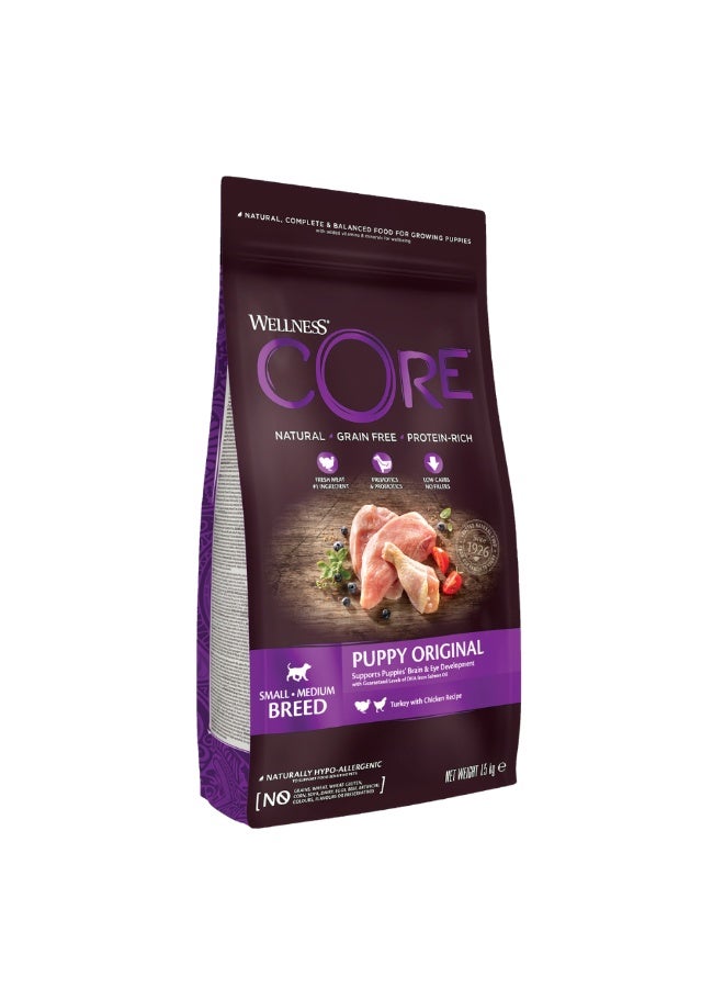 كور ويلنس كور اوريجنال طعام جاف بالديك الرومي والدجاج للجراء - 1.5 كغ