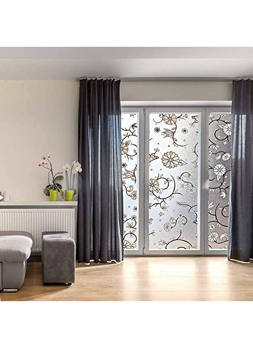HAPPYMATES HAPPYMATES Window Privacy Film Removable Frosted Glass Window Film for Bathroom Opaque Static Cling Heat Control Door Sticker for Home Office 12 X 48 Inch_2 Pack Black Daisy  - Image 3