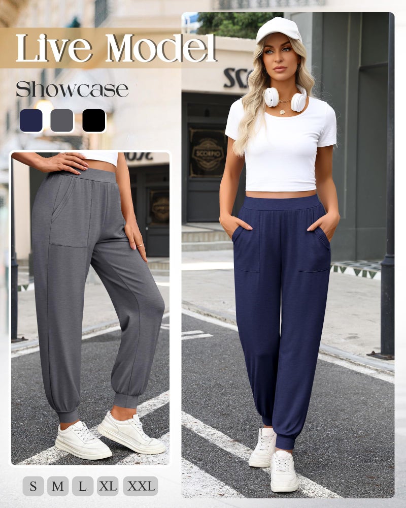 Yearntown 3 Pack Women's Lounge Joggers High Waist Yoga Pants Athletic Workout Pajama Comfy Tapered Sweatpants with Pockets(Black, Dark Gray, Dark Blue,Medium) - Image 5