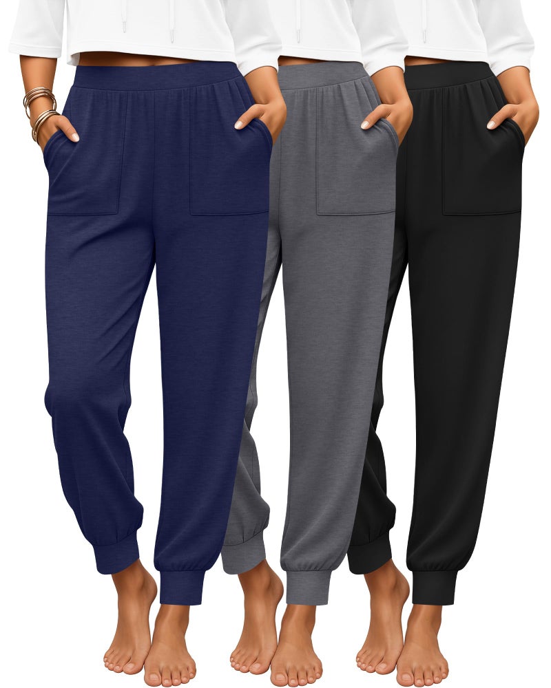 Yearntown 3 Pack Women's Lounge Joggers High Waist Yoga Pants Athletic Workout Pajama Comfy Tapered Sweatpants with Pockets(Black, Dark Gray, Dark Blue,Medium) - Image 1