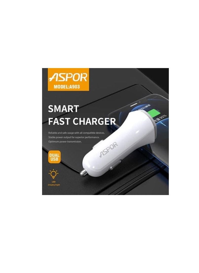 Aspor A903 3.4A 2 USB car charger-with light Plus Micro cable - White  - Image 2