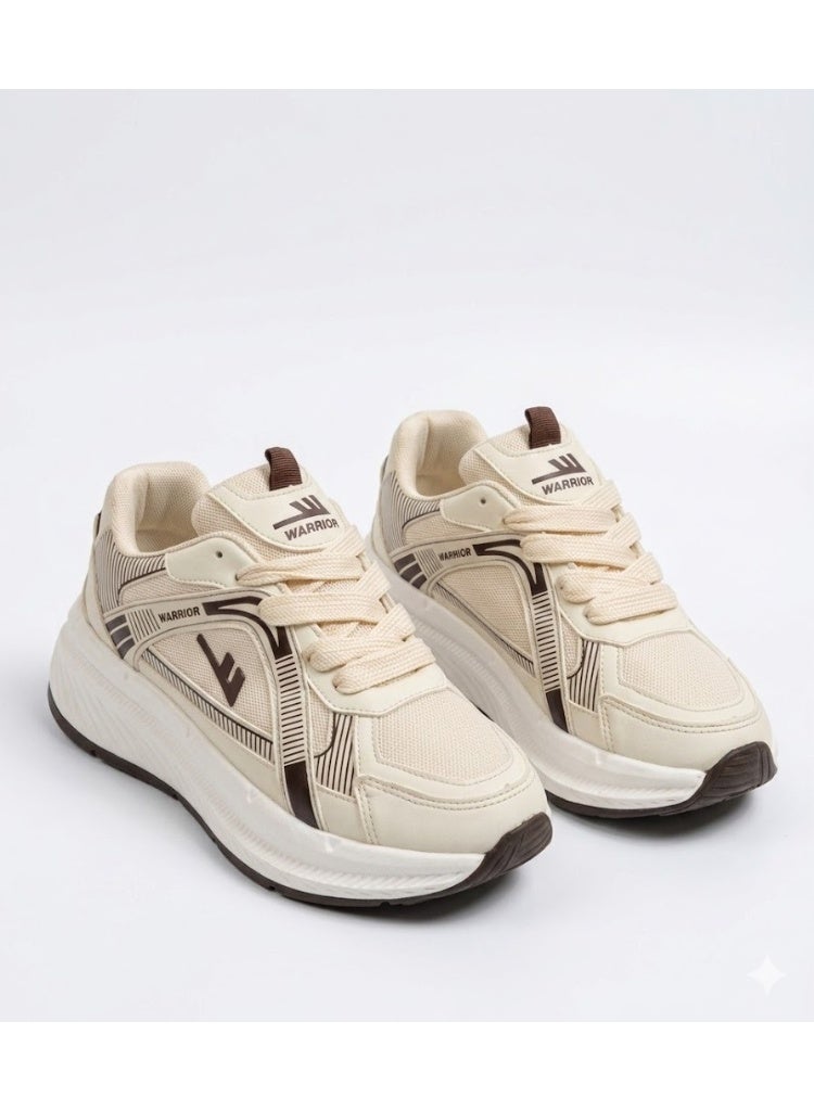 High-Neck Casual Shoes with Retro Dad Shoes Design & Thick Elevated Sole – Cream Beige & Dark Brown with Wavy Mesh Lines
