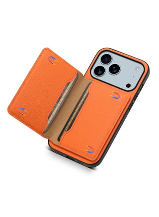 حالة لـ iPhone 17 Pro ، غطاء الهاتف الجلدي مع فتحة البطاقة الوقوف وظيفة الحد الأدنى من حالة المحفظة ، (البرتقالي) - view 3