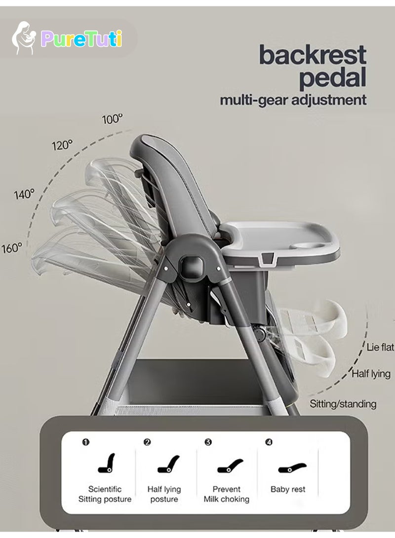 PureTuti 3 in 1 High Chair Baby Feeding Chair with 8 Height Adjustable, Footrest, Tray, 160° Recline, 5 Point Safety Belt & Wheels | Kids High Chair for Baby 0 Months to 6 Years (Grey) - Image 5