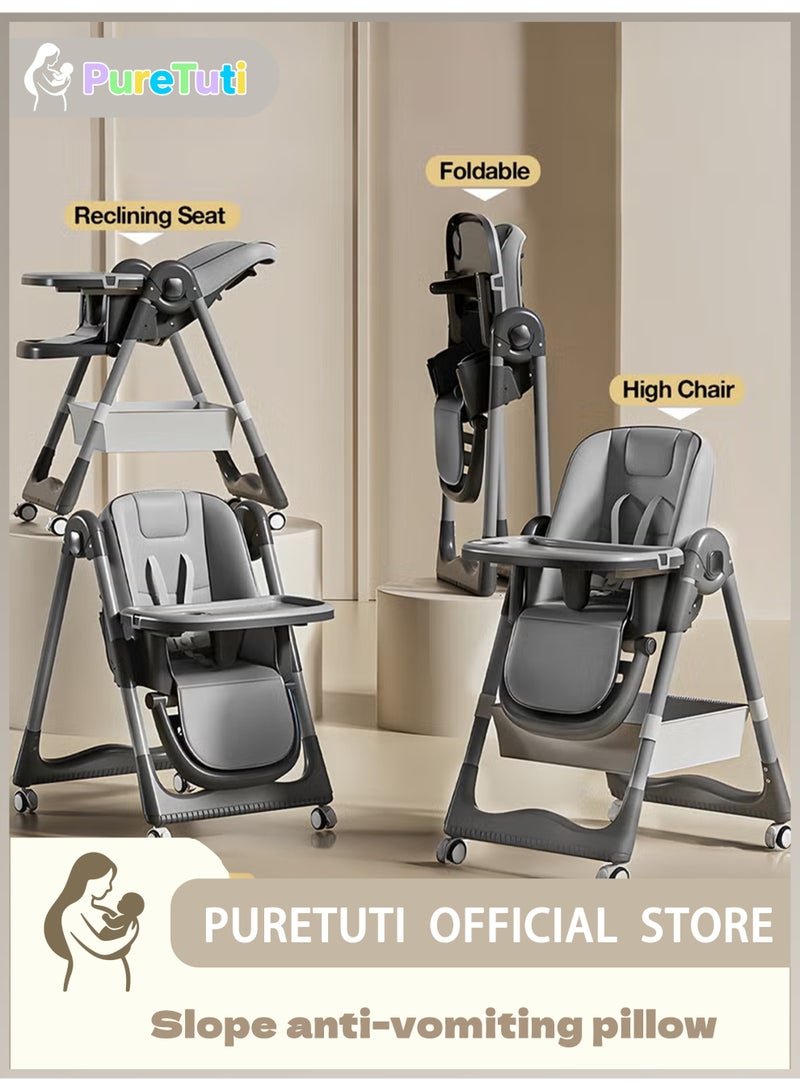 PureTuti 3 in 1 High Chair Baby Feeding Chair with 8 Height Adjustable, Footrest, Tray, 160° Recline, 5 Point Safety Belt & Wheels | Kids High Chair for Baby 0 Months to 6 Years (Grey) - Image 1