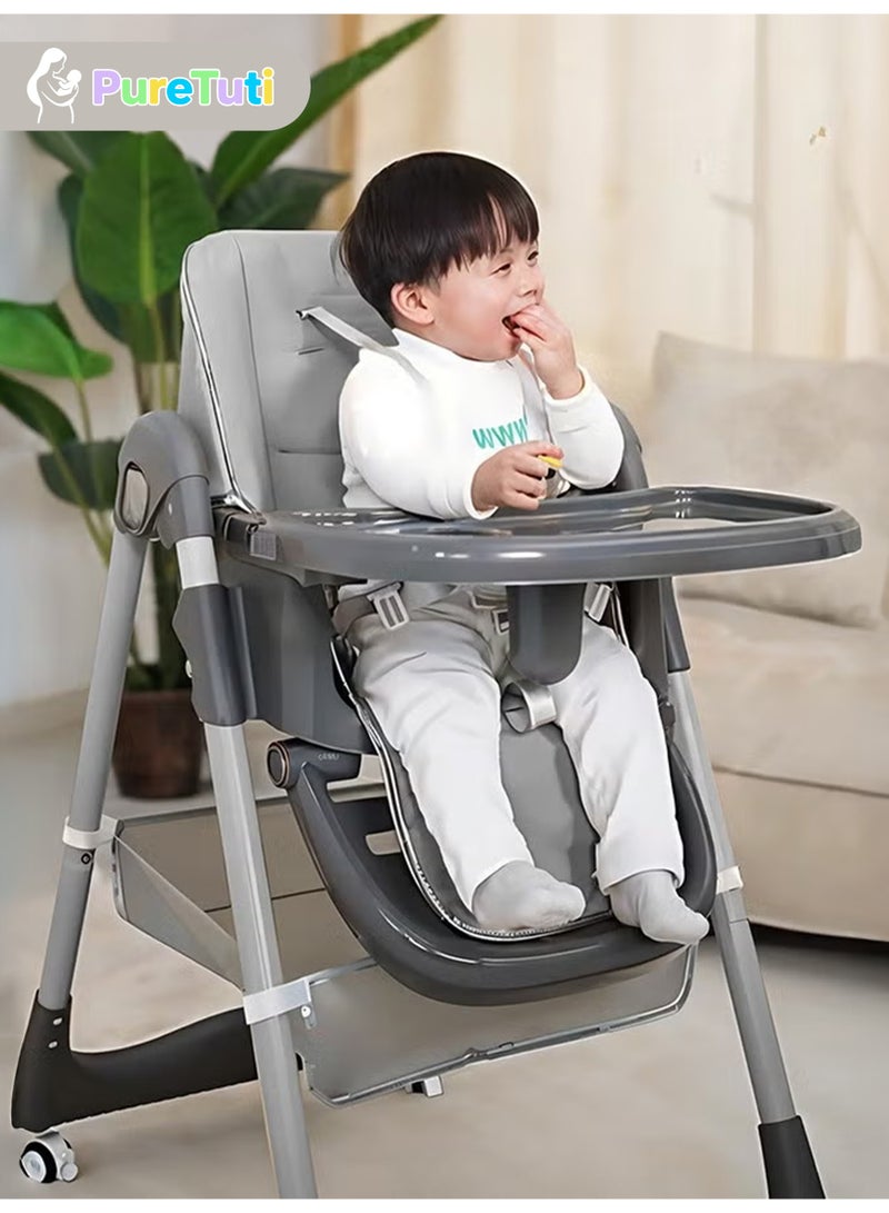 PureTuti 3 in 1 High Chair Baby Feeding Chair with 8 Height Adjustable, Footrest, Tray, 160° Recline, 5 Point Safety Belt & Wheels | Kids High Chair for Baby 0 Months to 6 Years (Grey) - Image 2