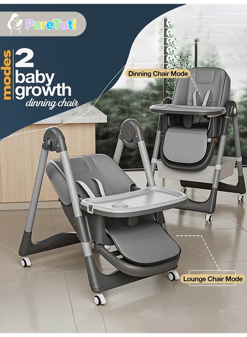 PureTuti 3 in 1 High Chair Baby Feeding Chair with 8 Height Adjustable, Footrest, Tray, 160° Recline, 5 Point Safety Belt & Wheels | Kids High Chair for Baby 0 Months to 6 Years (Grey) - Image 4